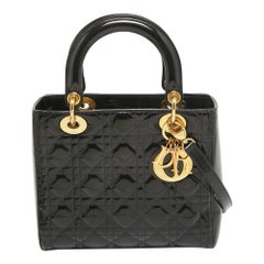 Dior Black Cannage Patent Leather Medium Lady Dior Tote