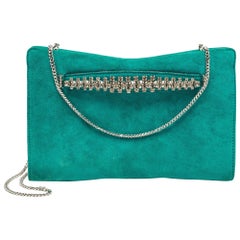 Jimmy Choo Green Suede Crystals Venus Clutch On Chain