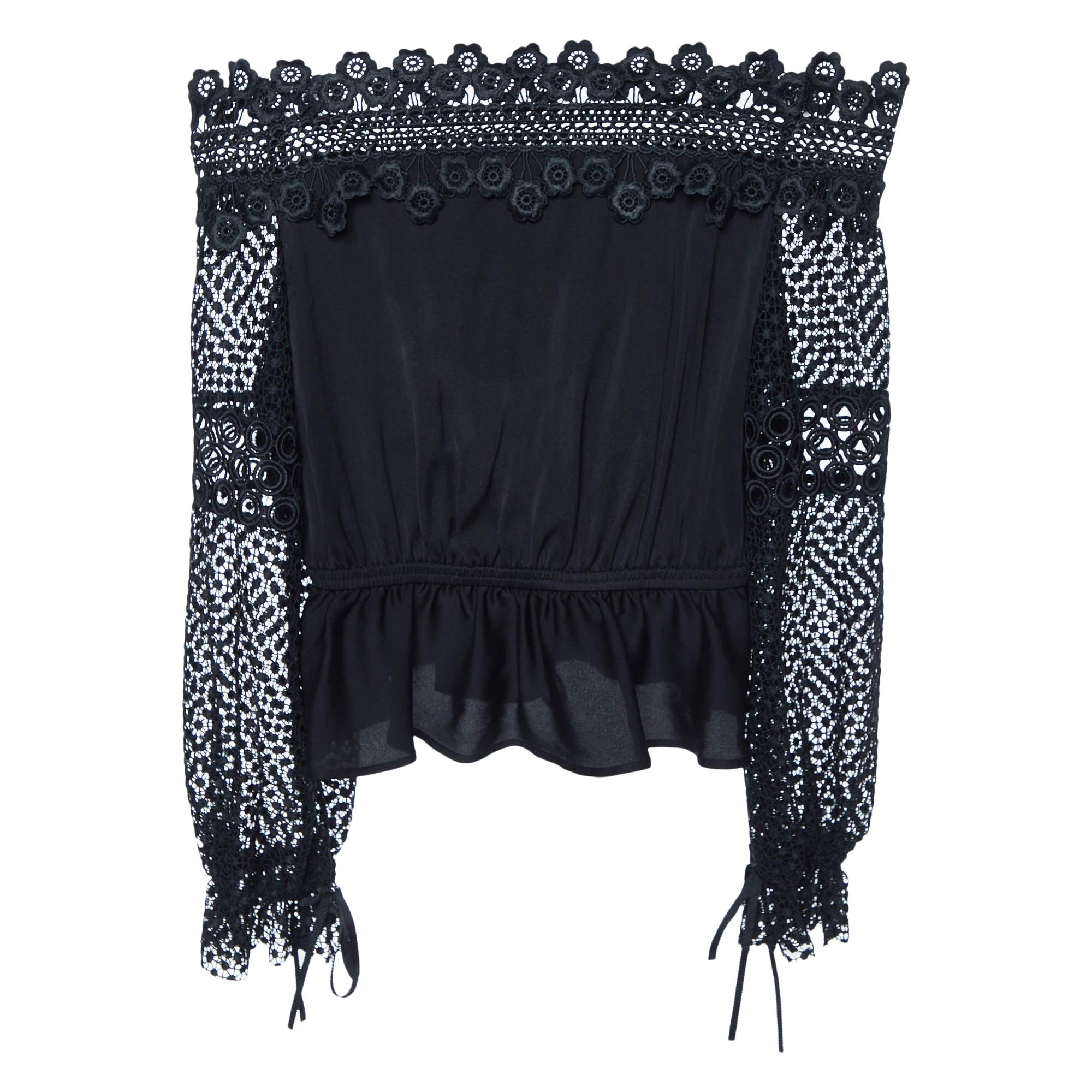 Self-Portrait Black Crepe & Lace Off-Shoulder Top S For Sale