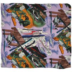 Vintage Nicole Miller Vivid "Transportation" Silk Crepe di Chine Handkerchief