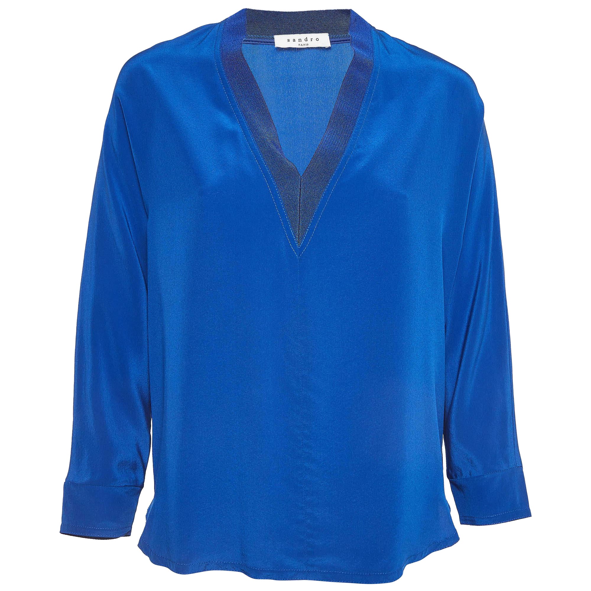Sandro Blue Silk V Neck Loose Fit Top S For Sale