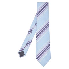 Hermès Blue Diagonal Stripe Pattern Silk Tie