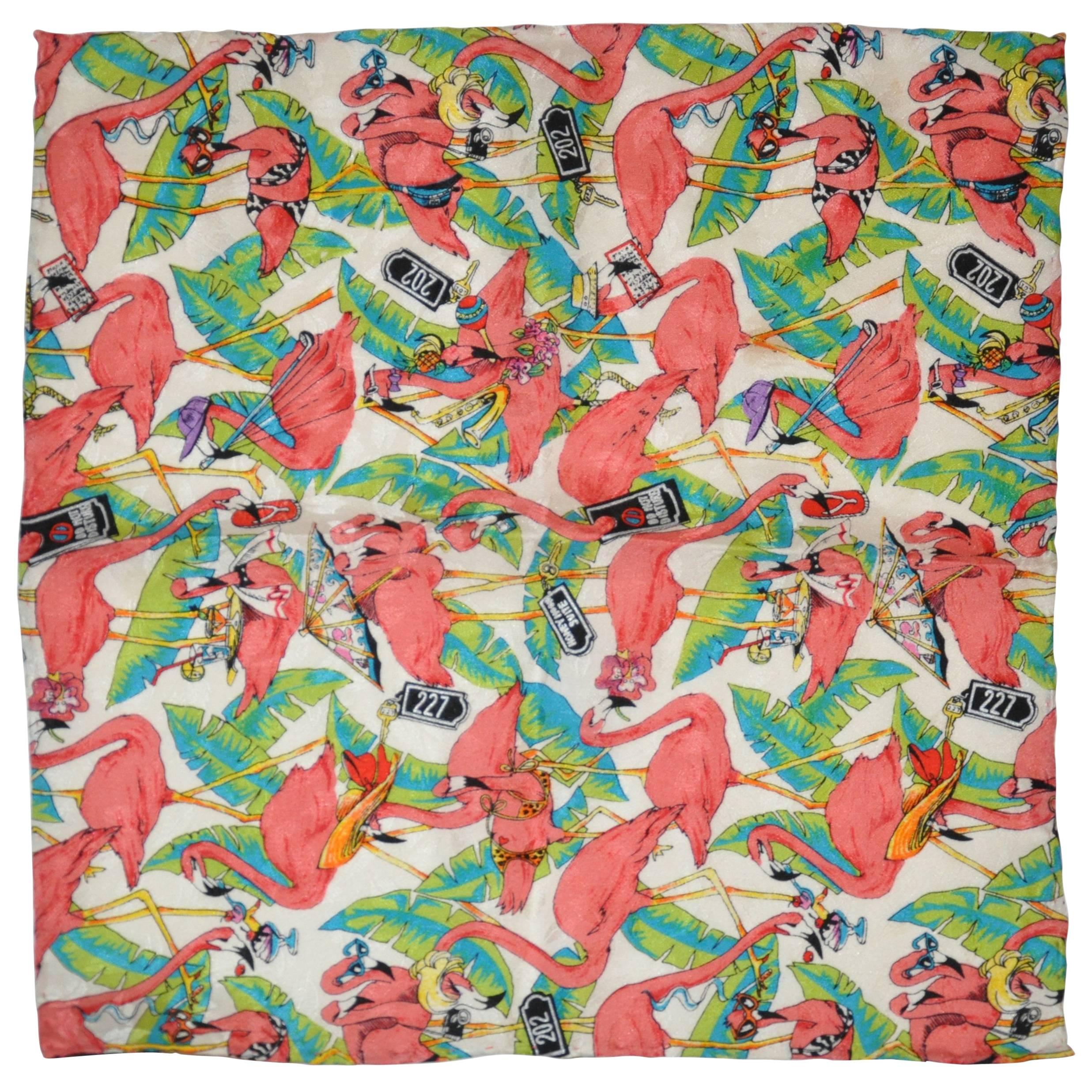 Nicole Miller "Flamingos" Silk Crepe di Chine Handkerchief