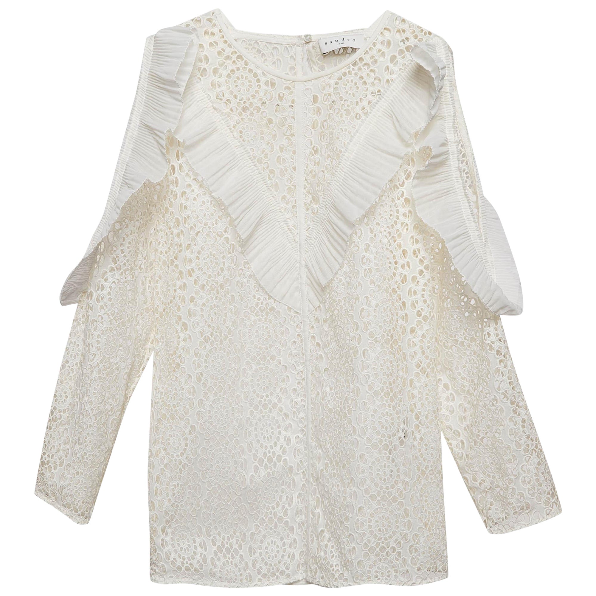 Sandro Off-White Lace Full Sleeve Ruffled Top M For Sale