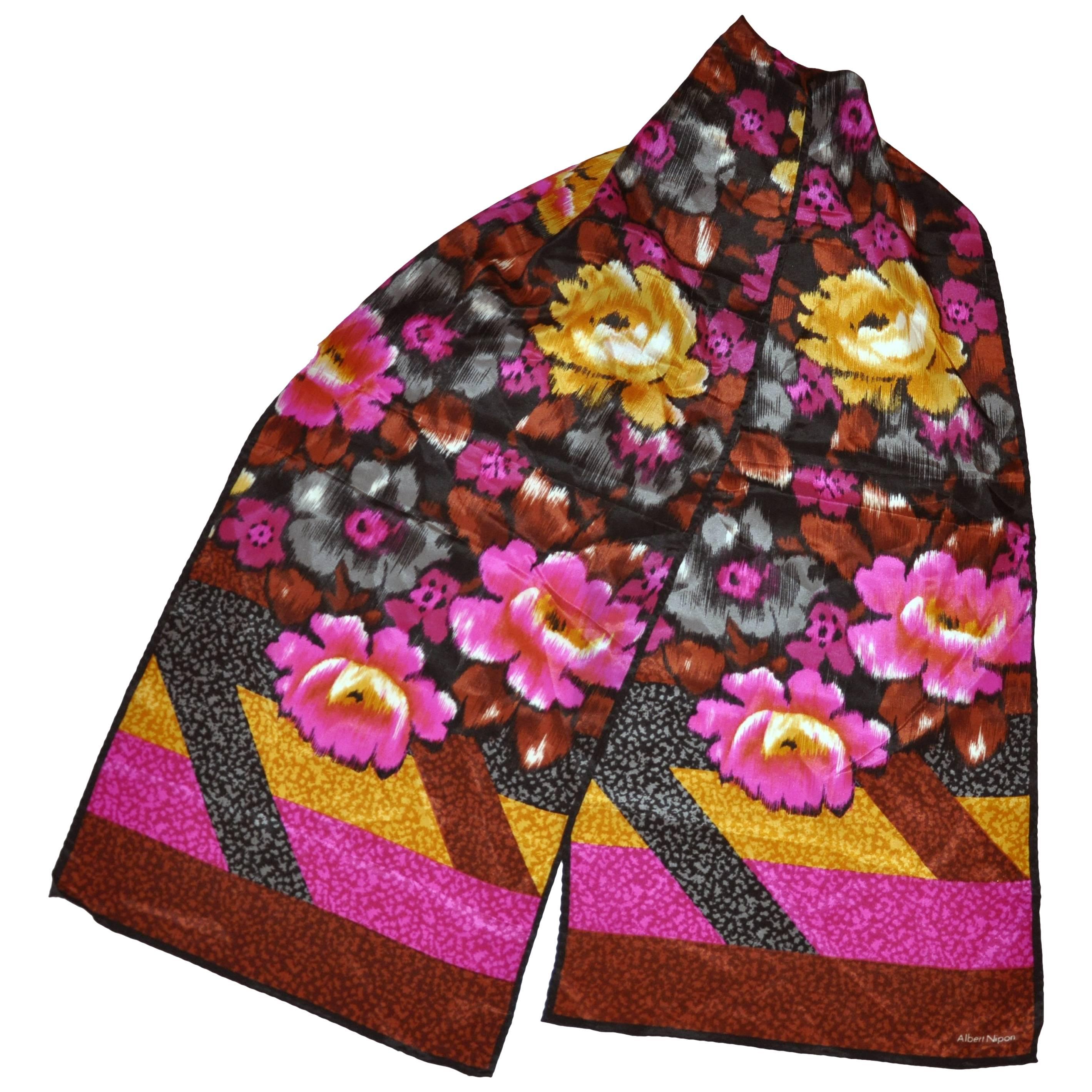 Albert Nipon Vivid Multi-Floral rectangle silk scarf For Sale
