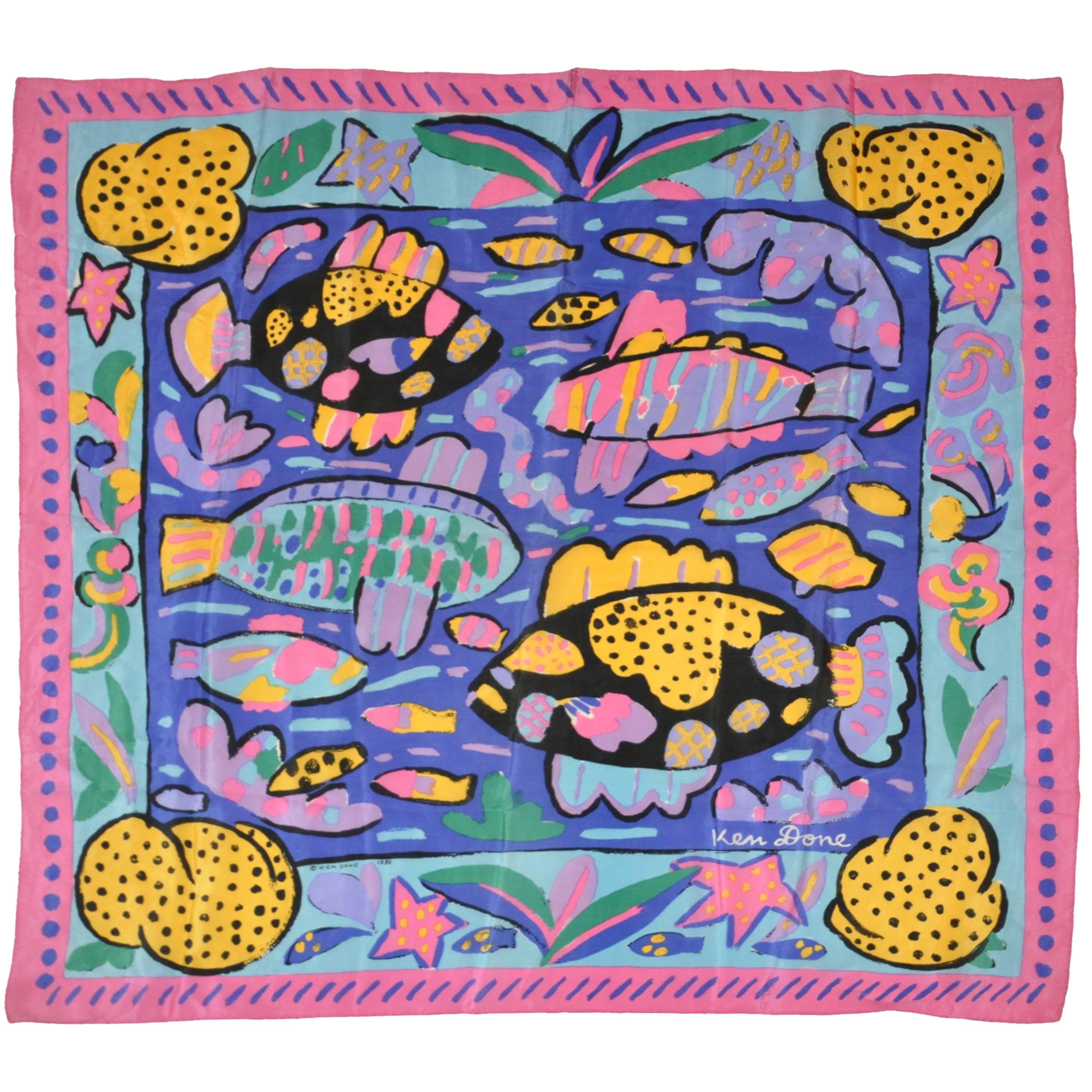 Ken Done's 1985 Multi-Color "Group of Fishes" Silk Scarf For Sale