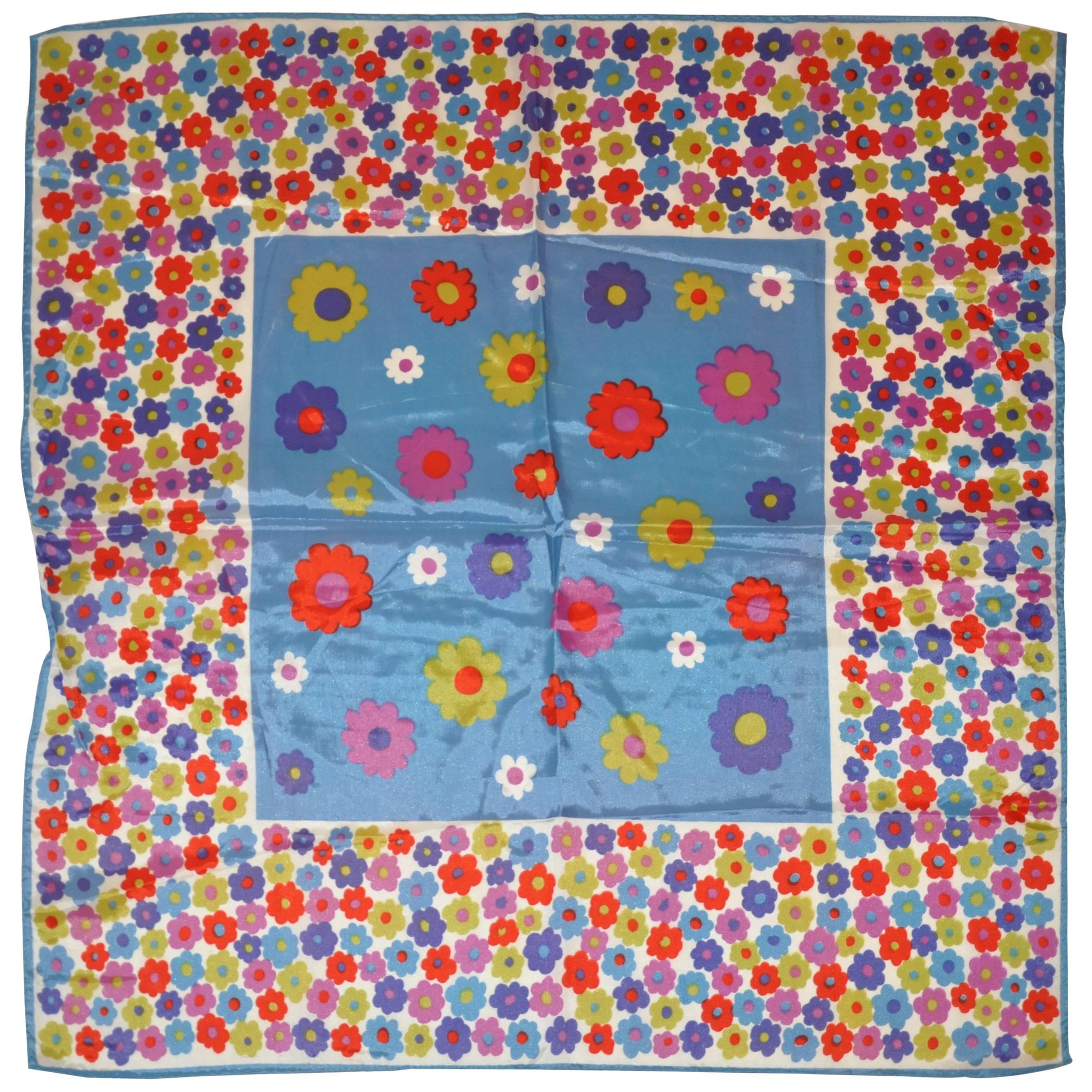 Steel Blue Border with Multi "Garden of Flowers" Scarf For Sale