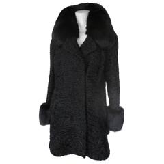 Vintage black Swakara Persian lamb coat trimmed with fox fur