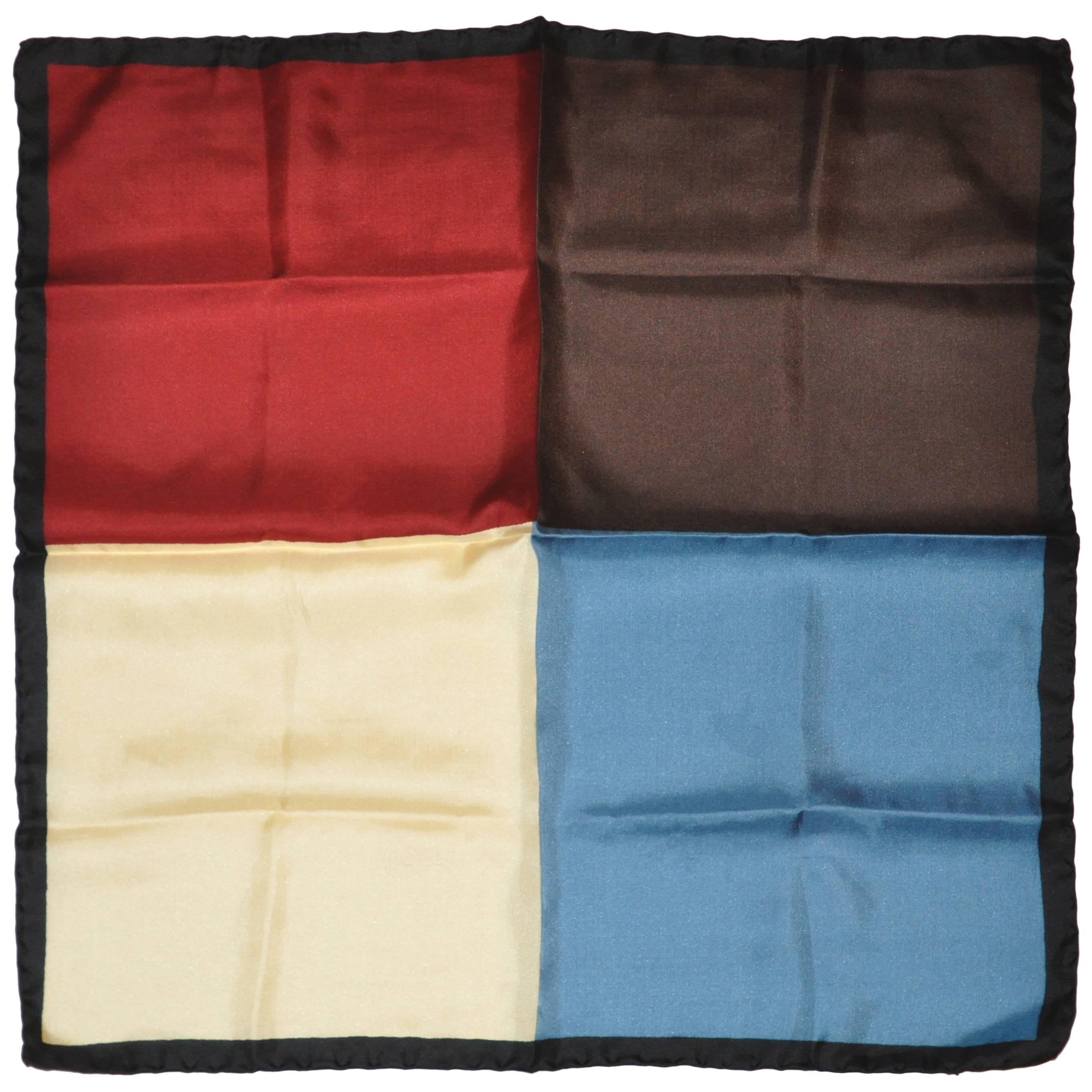 Bold Burgundy, Cream, Blue & Coco with Black Border Silk Handkerchief For Sale