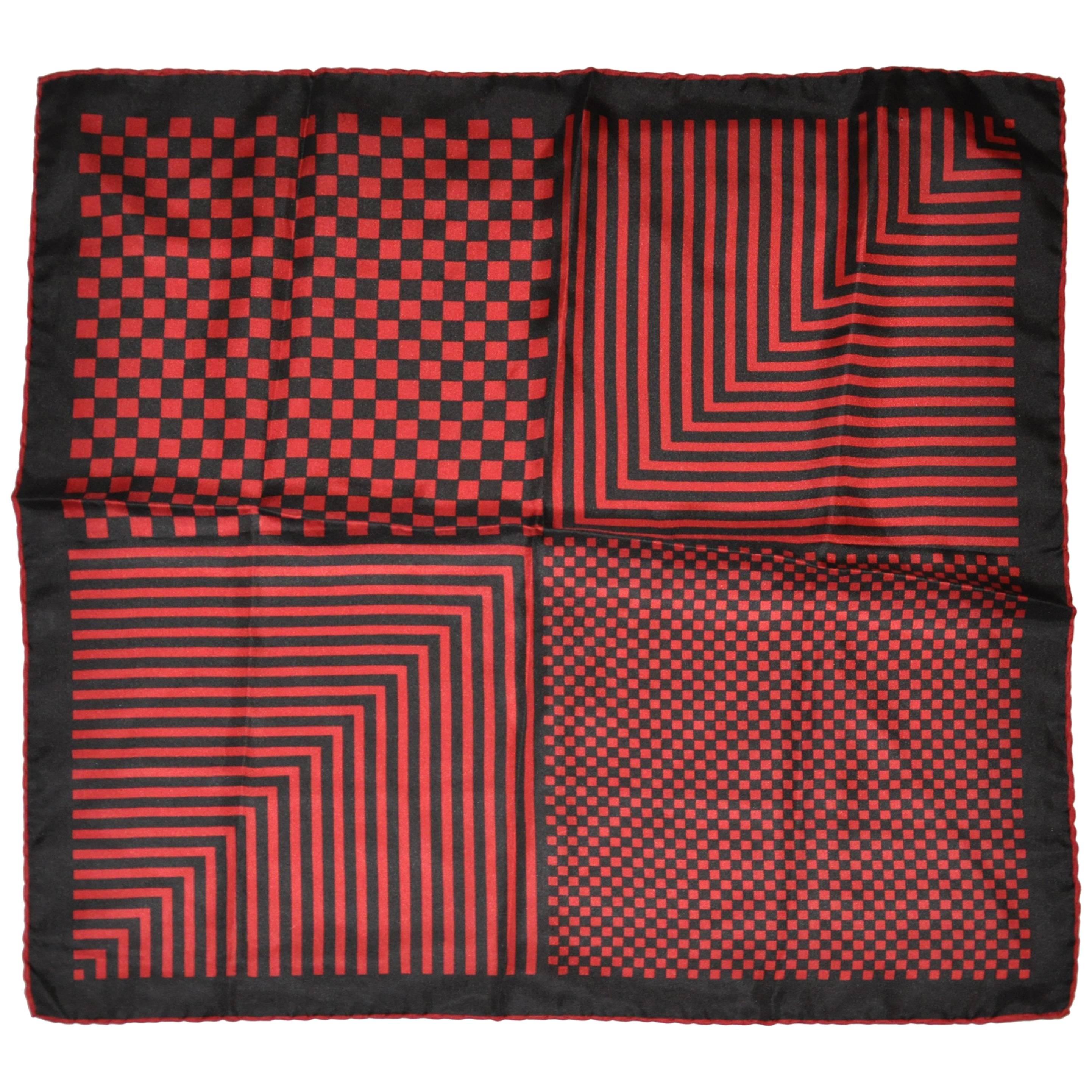 Navy & Deep Red Checkered Men's Silk Handkerchief For Sale
