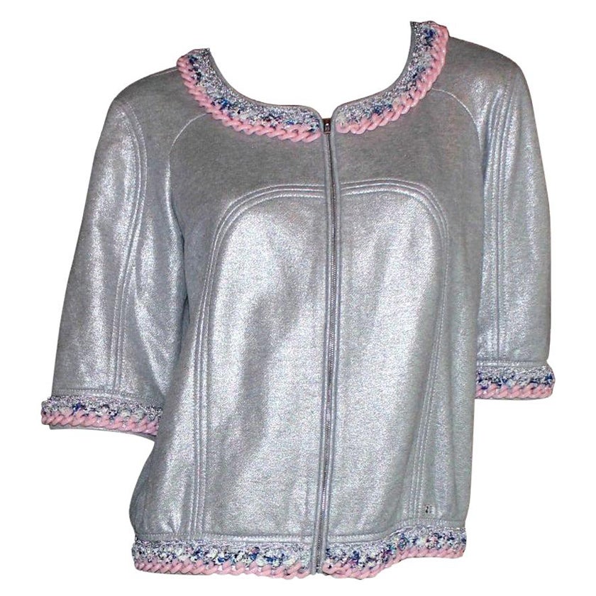 NEW Chanel Metallic Jacket with Chain and Tweed Fringe Trimming 40 For Sale
