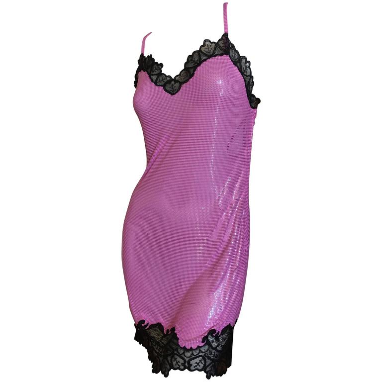 Versace Lace Trim Chain Mail Metal Mesh Mini Dress at 1stDibs - Main Image