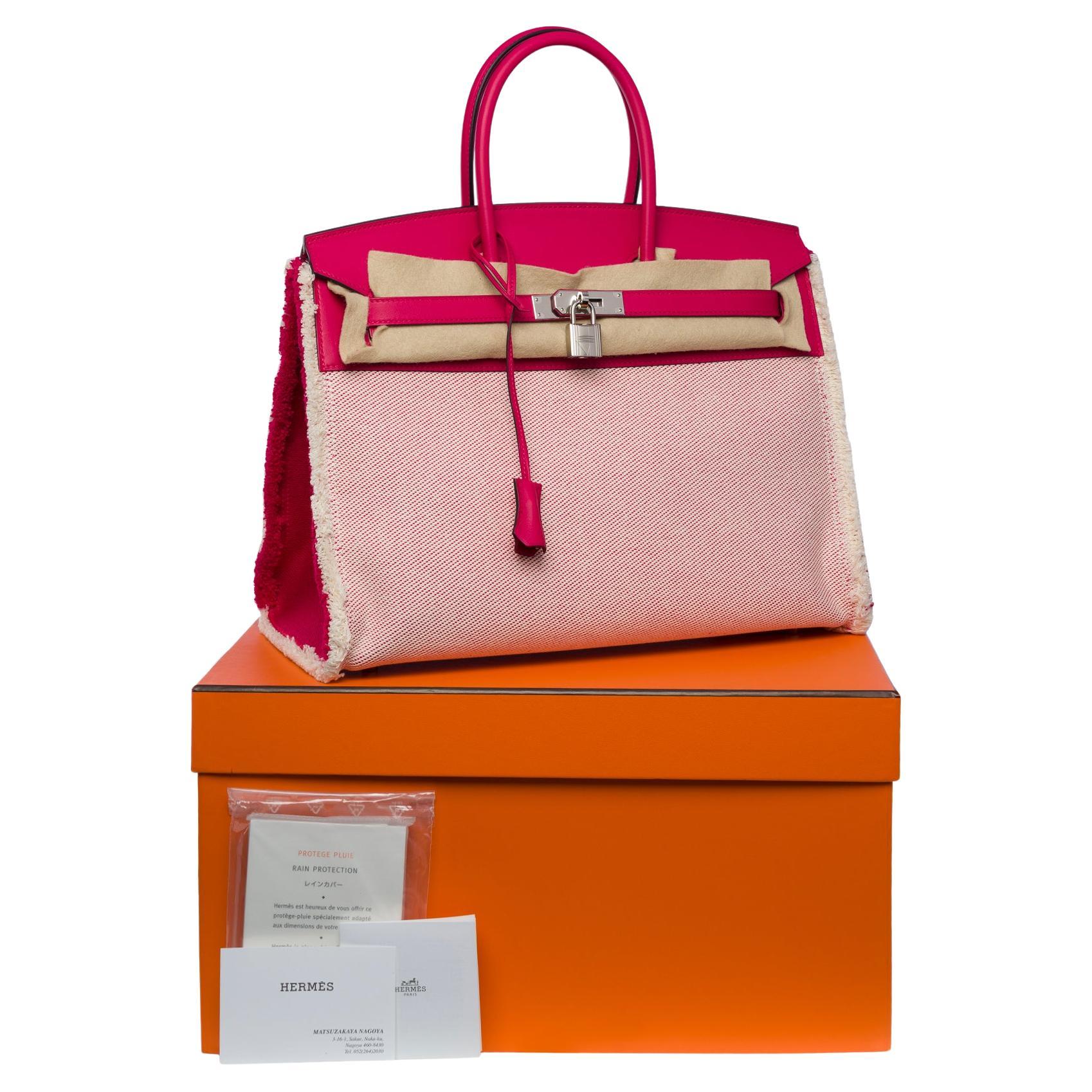 Nouveau Fray Fray Sac à main Hermès Birkin 35 en toile beige/cuir swift rose, SHW en vente