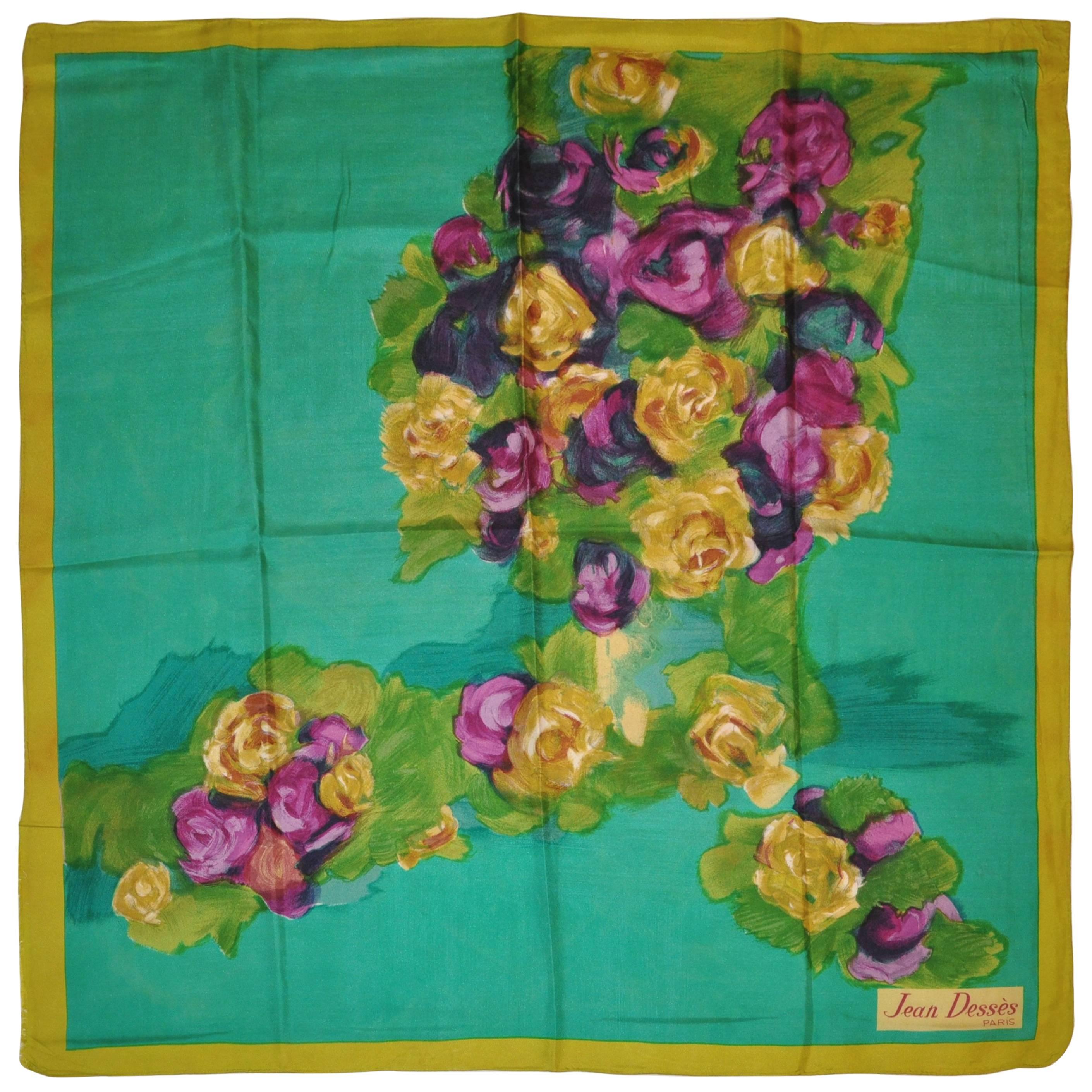 Rare écharpe en soie Jean Desses « Portrait floral » aux couleurs vives et brillantes en vente