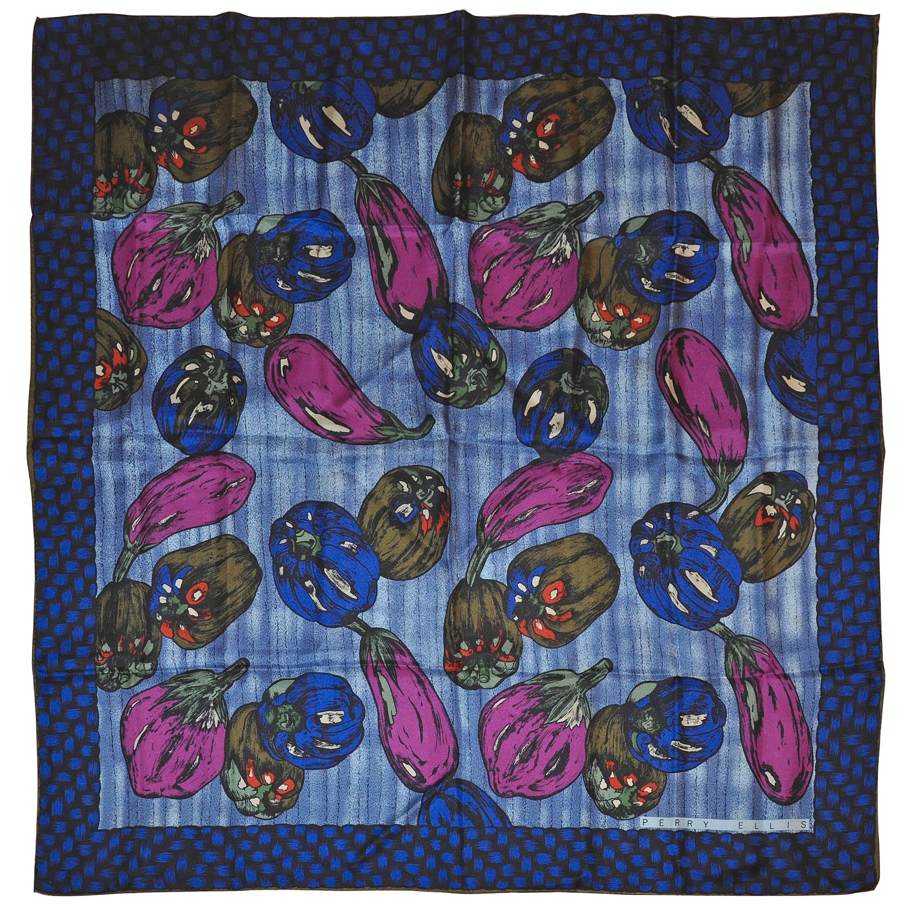 Perry Ellis "Peppers & Eggplants" Silk Scarf For Sale