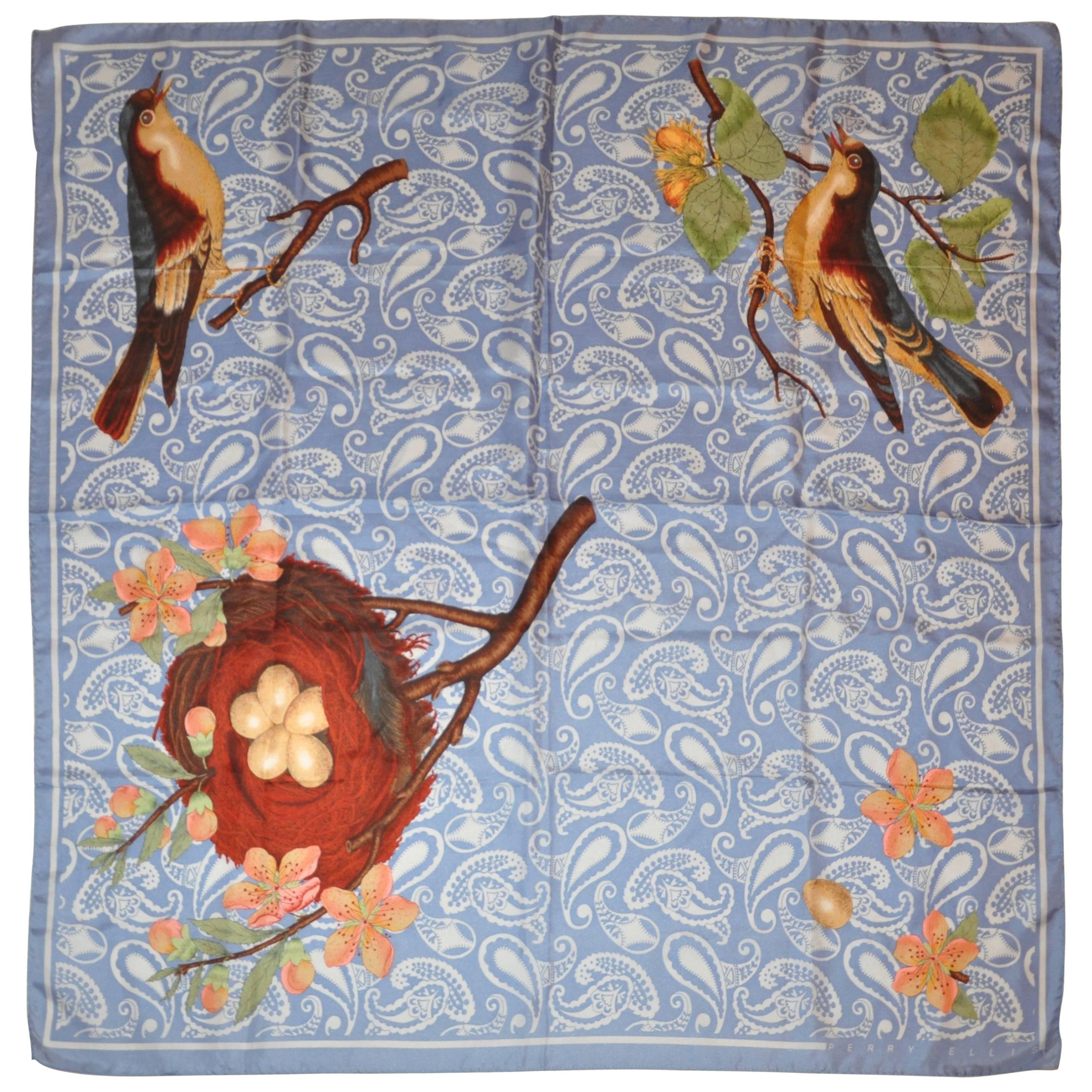 Perry Ellis Lavender "Palsey & Floral Birds" Silk Scarf For Sale