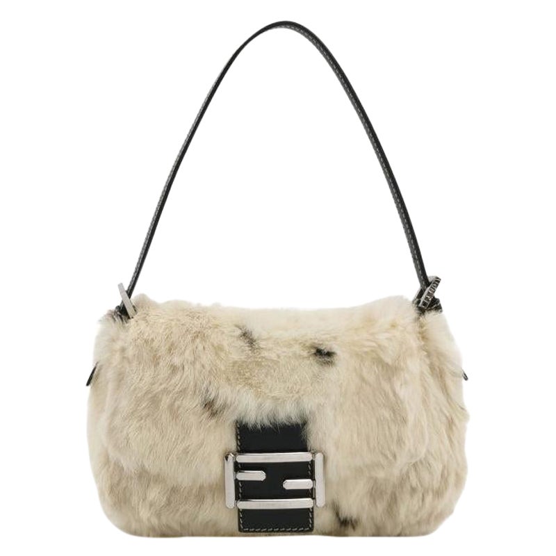 Fendi Mini Mamma Baguette White Rabbit Fur Shoulder Bag For Sale