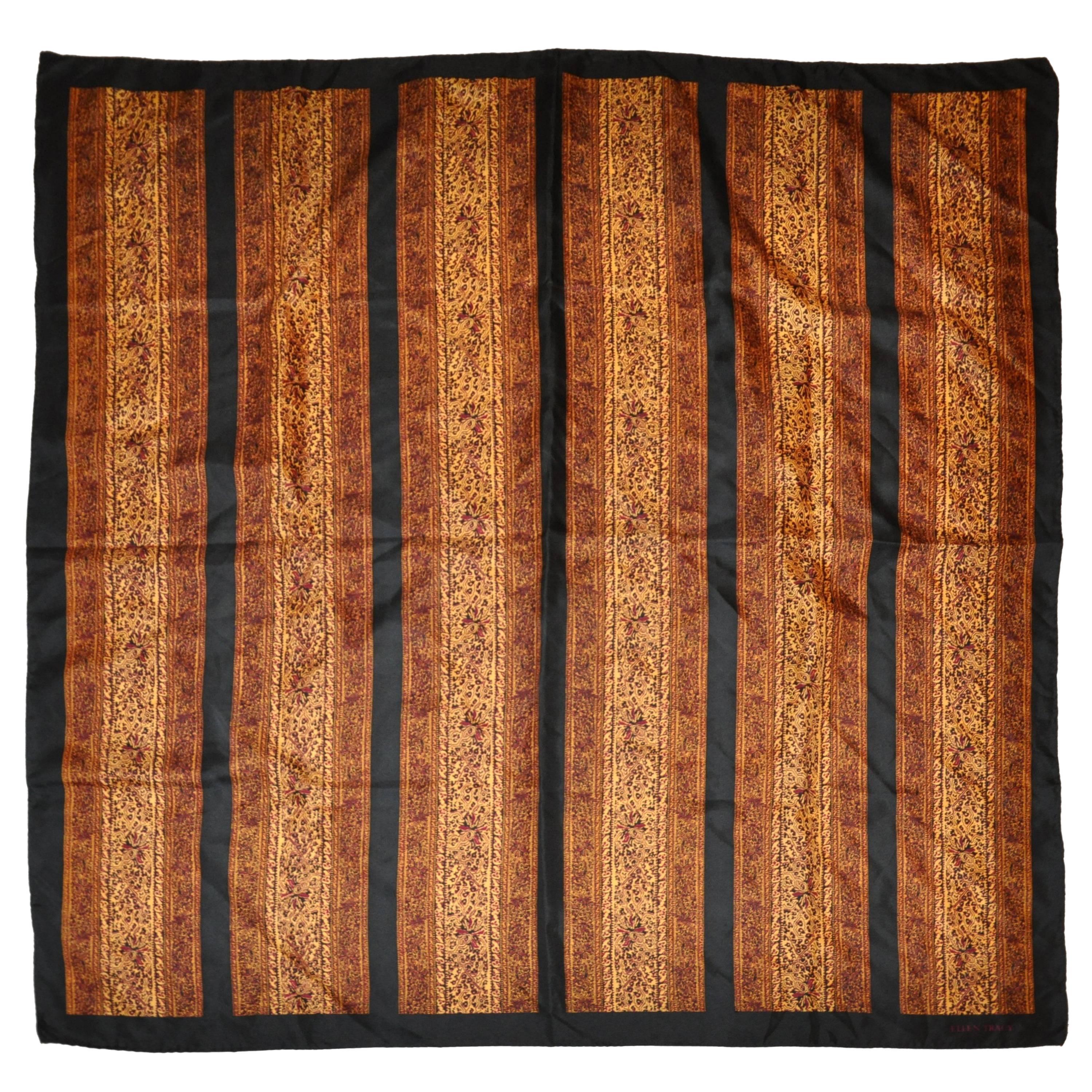 Ellen Tracy Panels of Multi Browns with Black Border Silk Scarf For Sale