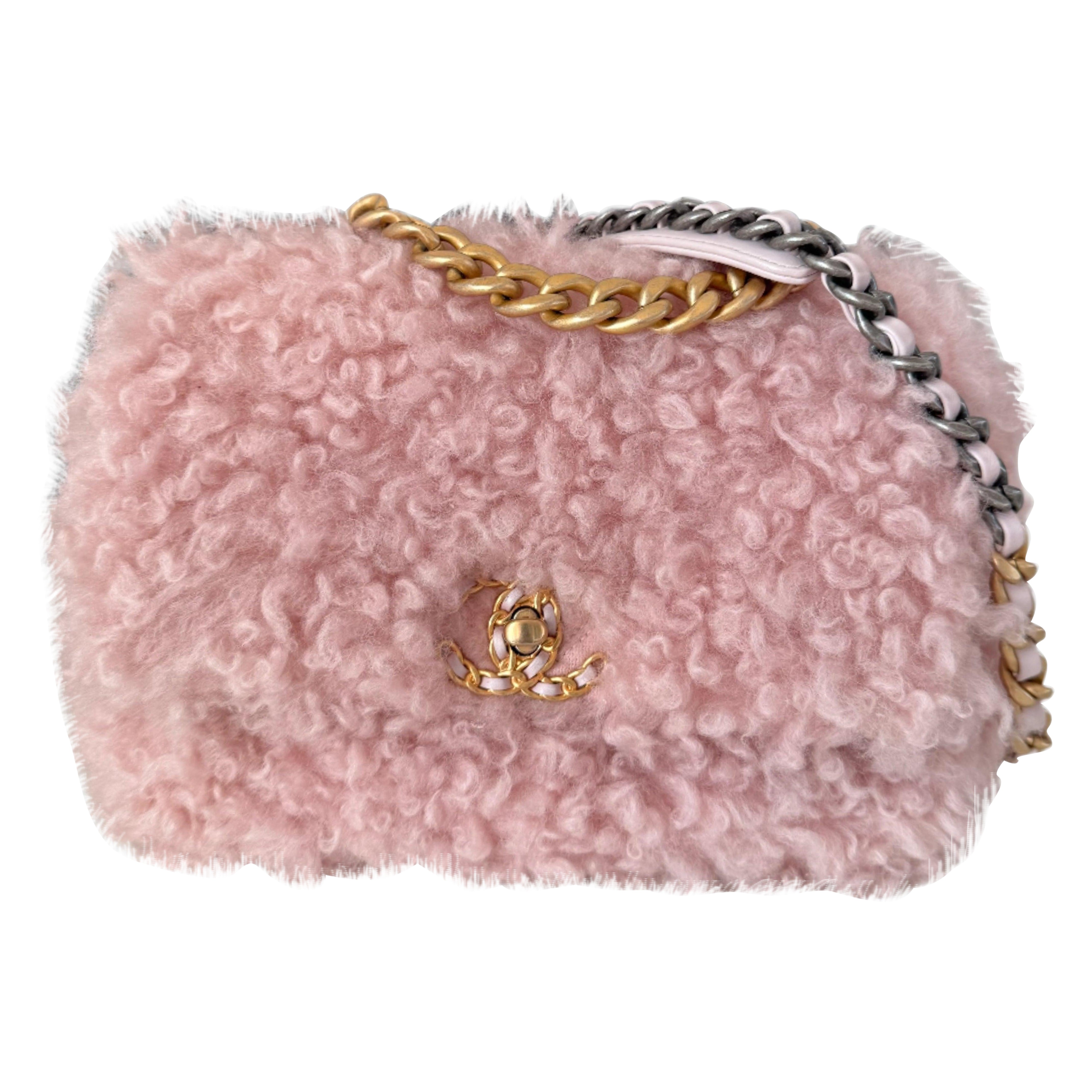 Chanel 19 Bag 2021 Small Pink Shearling Flap Bag For Sale