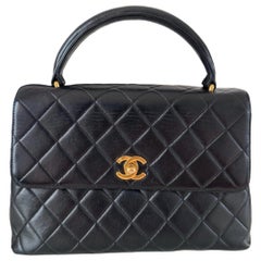 Chanel Vintage Top Handle Kelly Black Flap Bag lambskin leather 24k Gold HW