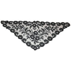 Rare French Lace "Widow Scarf" of Floral Accented with Floral Edging.