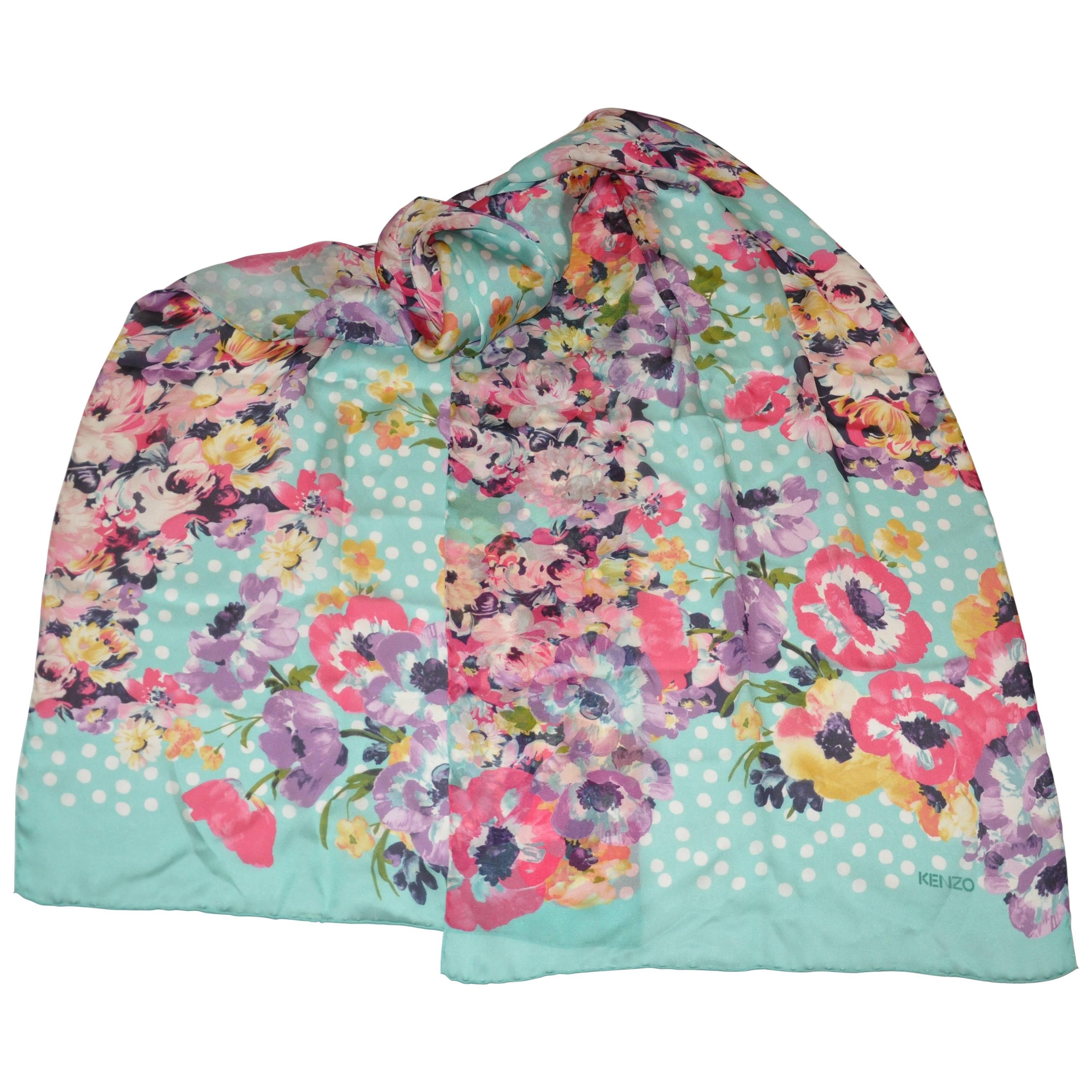 Kenzo - Grande écharpe rectangulaire en mousseline de soie multicolore « Multi-Floral with Dots » en vente