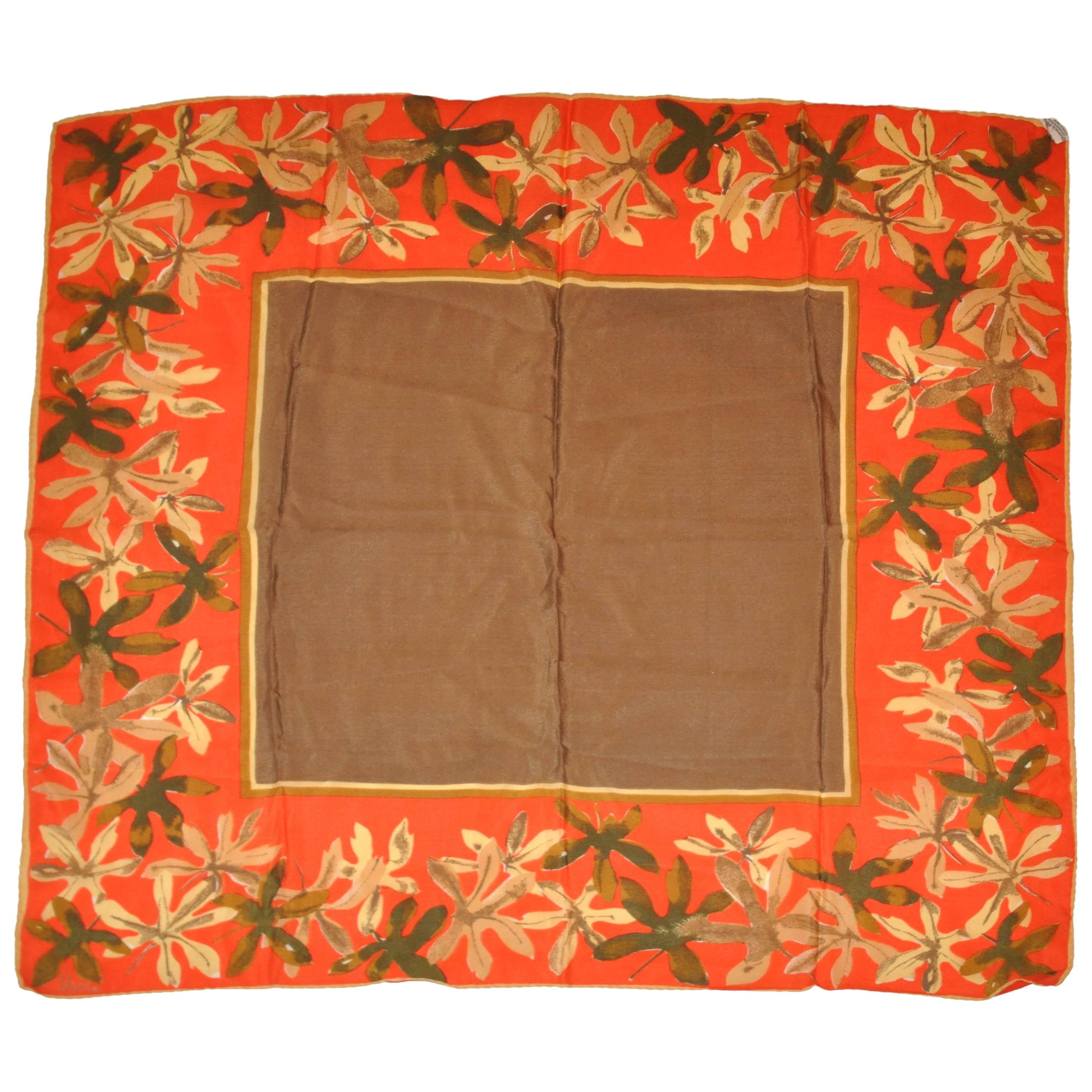 Vera Brown Center with Multi-Floral Border Silk Scarf For Sale