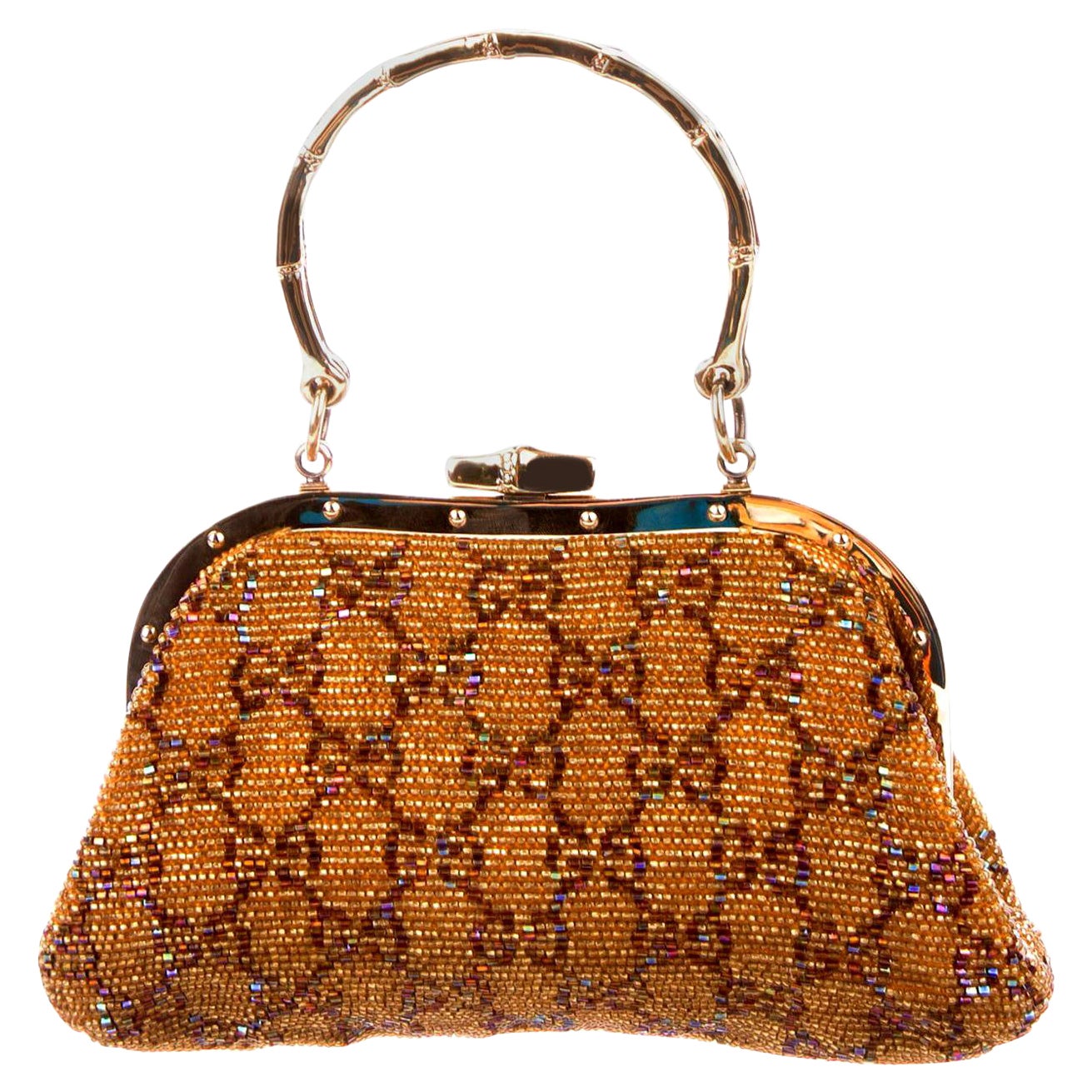 Rare GUCCI Iconic Golden GG Monogram Beaded Bag Purse with Bamboo Handles For Sale