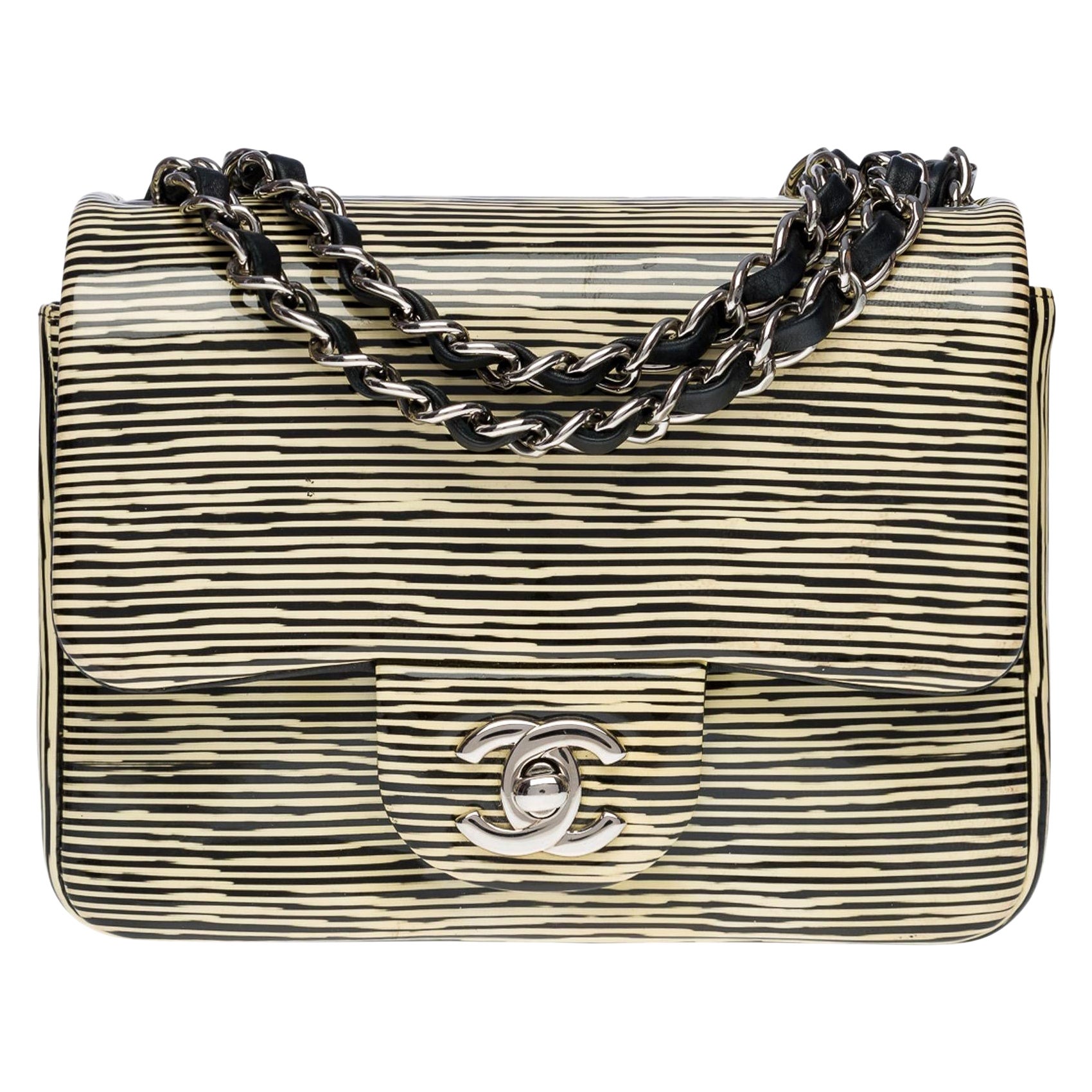 Borsa Chanel Timeless Mini Flap in vernice a righe gialle e nere, SHW in vendita