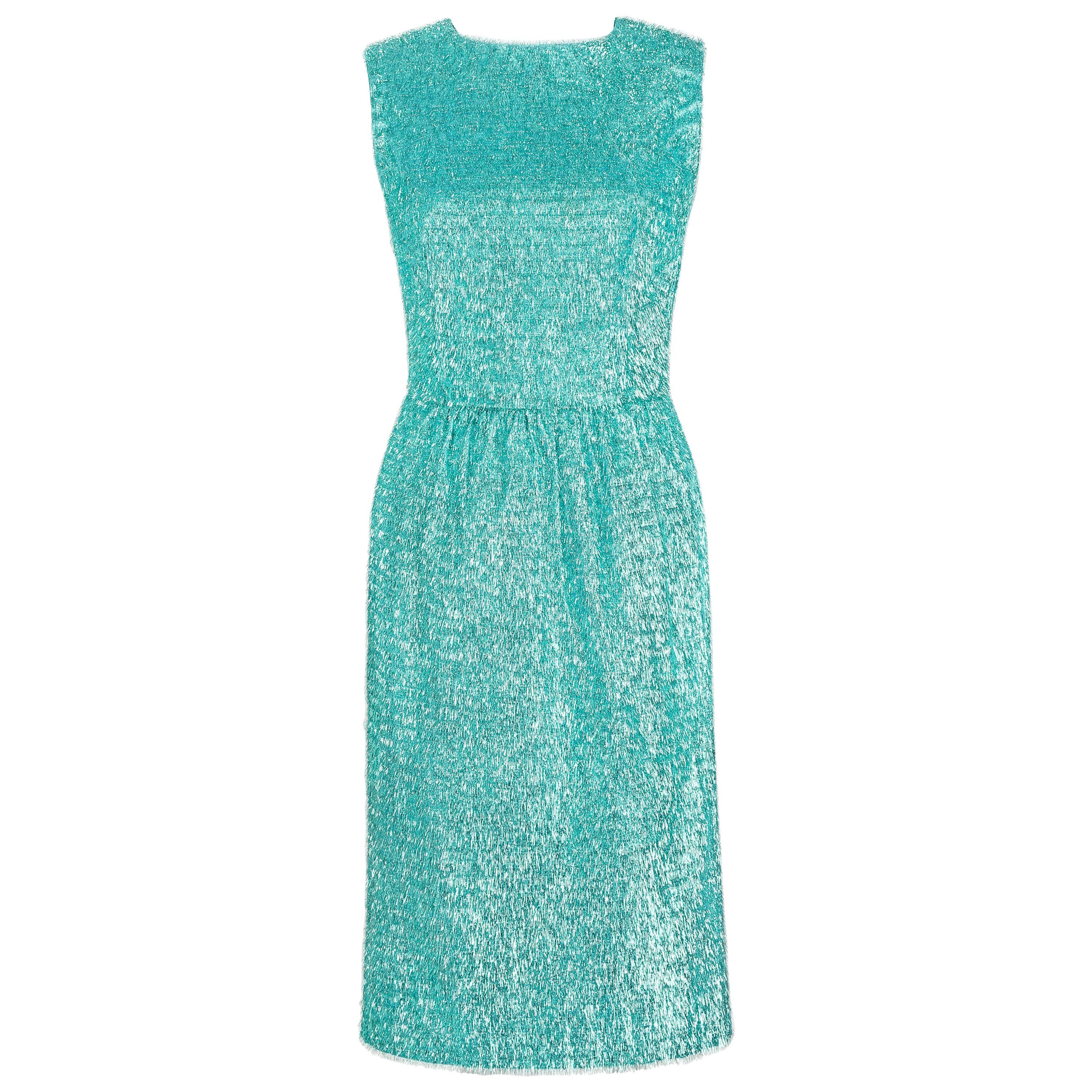 COUTURE c.1960's Turquoise Blue Metallic Tinsel Cocktail Party Shift Dress For Sale