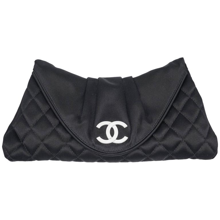 Chanel Black Quilted Satin Half Moon Silver Interlocking CC Clutch at  1stDibs