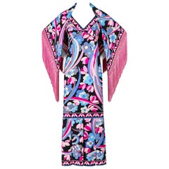 Vintage EMILLIO PUCCI c.1960's 2 Pc Multicolor Floral Print Silk Maxi Dress Fringe Shawl