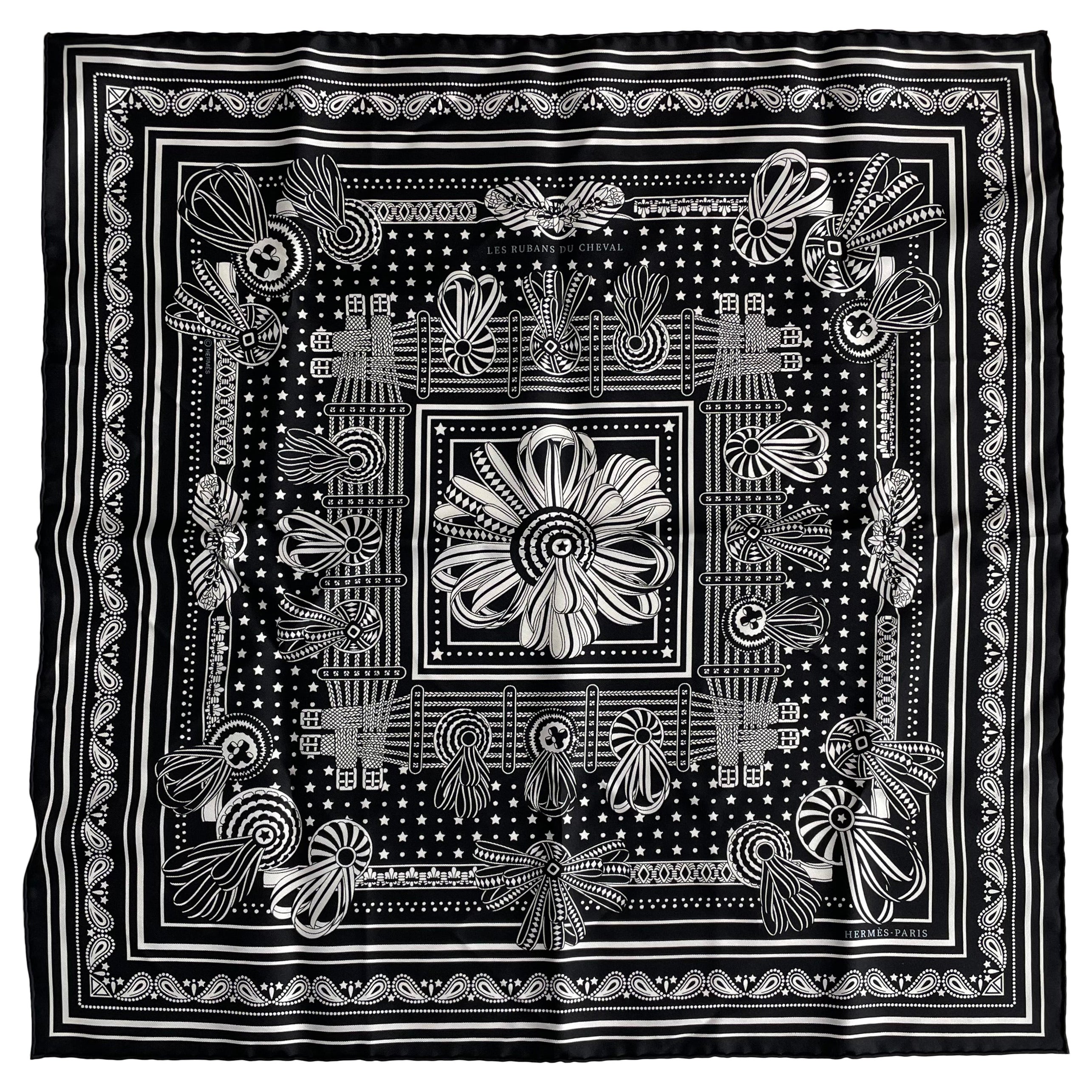 New In Box Hermès Bandana 55 "Les Rubans Du Cheval" Silk Twill Carre Scarf For Sale