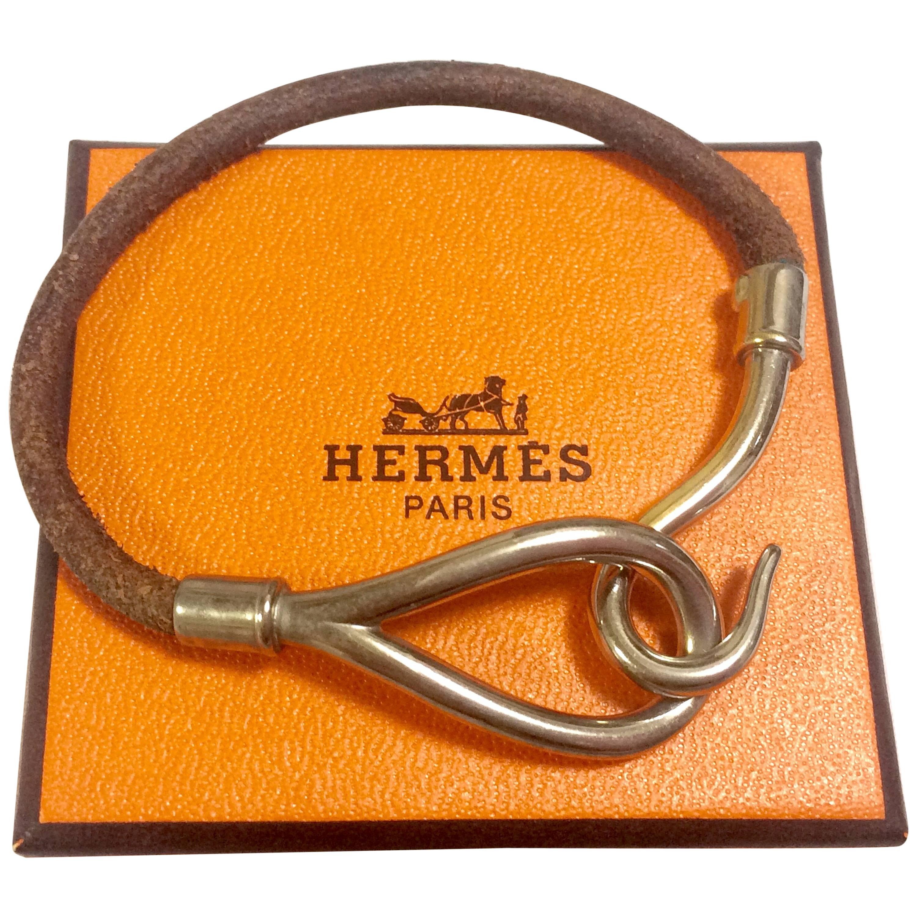 Vintage Hermes Jumbo leather and silver bracelet. Classic and casual jewelry For Sale