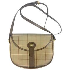 Retro Burberry khaki nova check classic shoulder bag with brown leather strap.