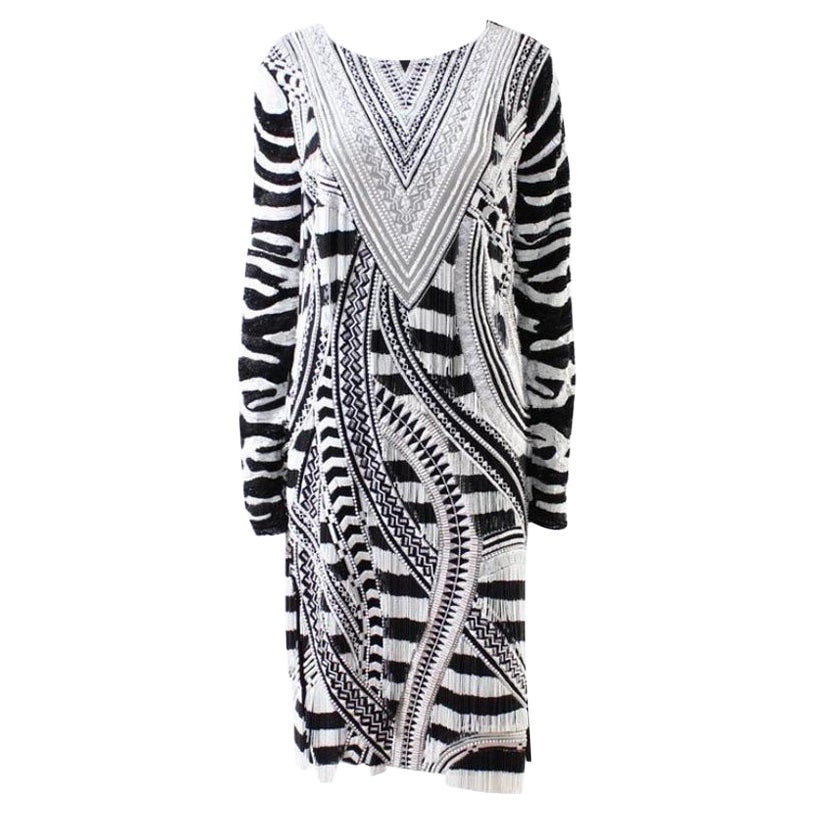 $14K Tom Ford Fully Beaded Black White Long Sleeve Midi Dress with Fringe It 42 For Sale