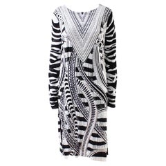 $14K Tom Ford Fully Beaded Black White Long Sleeve Midi Dress with Fringe It 42