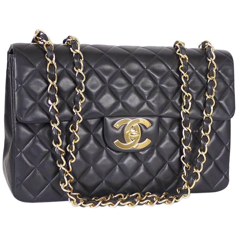 Vintage Chanel Black Lamb Skin Jumbo Classic Maxi