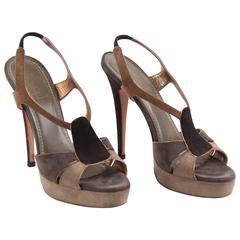 YVES SAINT LAURENT Tan & Gray Suede SANDALS PUMPS Heels SHOES Size 39 1/2 5