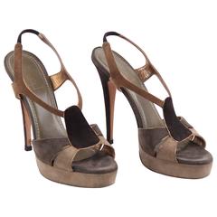 YVES SAINT LAURENT Tan & Gray Suede SANDALS PUMPS Heels SHOES Size 39 1/2