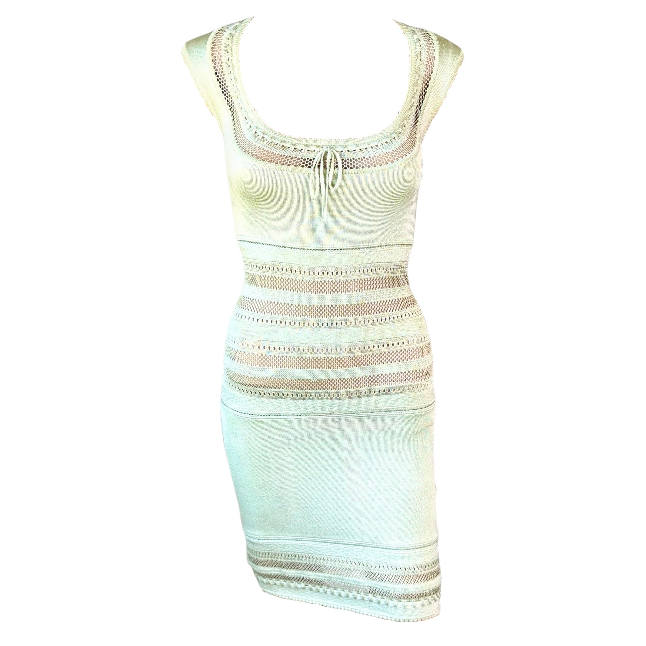 Azzedine Alaia c. 1993 Vintage Semi-Sheer Crochet Open Knit Bodycon Green Dress For Sale
