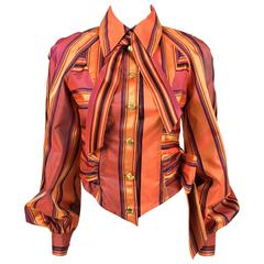 1990s Christian Lacroix Colourful Striped Silk Blouse With Gilt Metal Buttons