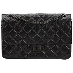 2010s Chanel Black Glazed Calfskin So Black 2.55 Reissue 226 Double Flap Bag