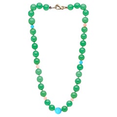 Genuine Chrysoprase and Arizona Sleeping Beauty Turquoise Yellow Gold Necklace