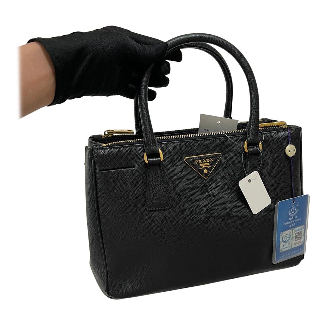 Prada Galleria Saffiano Leather Small Black Handbag with Strap For Sale