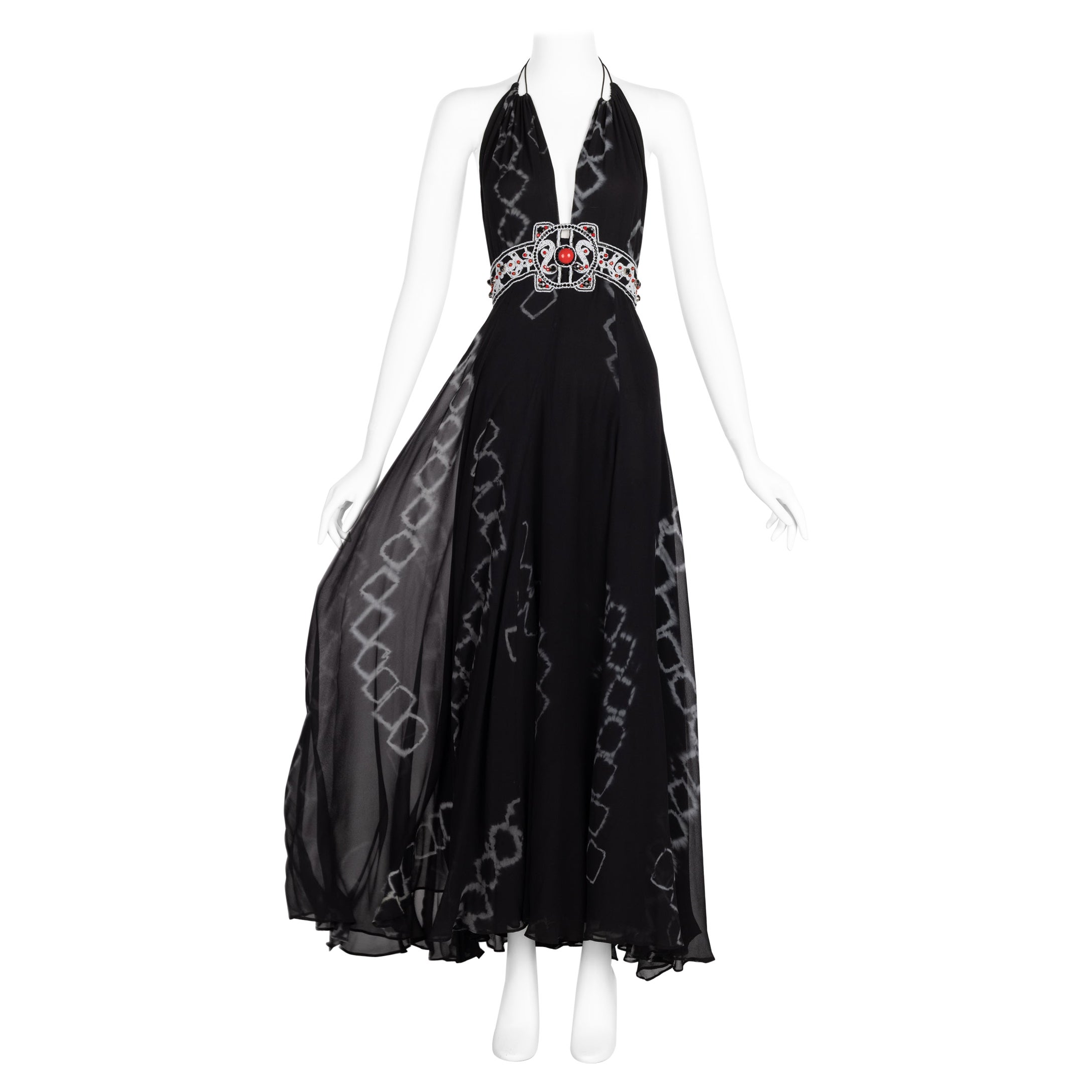Jenny Packham Black Silk Embellished Waist Halter Maxi Dress For Sale