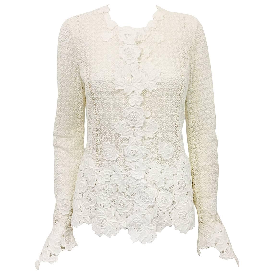 Oscar de la Renta Ivory Crochet Fitted Jacket With Floral Applique Trim 