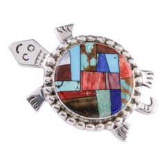 Native American Alvin Yellowhorse Sterling Silver Turtle Inlay Pendant Brooch