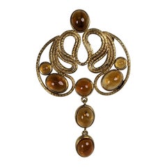 Vintage Artisanal Hammered Gold and Citrine Brooch