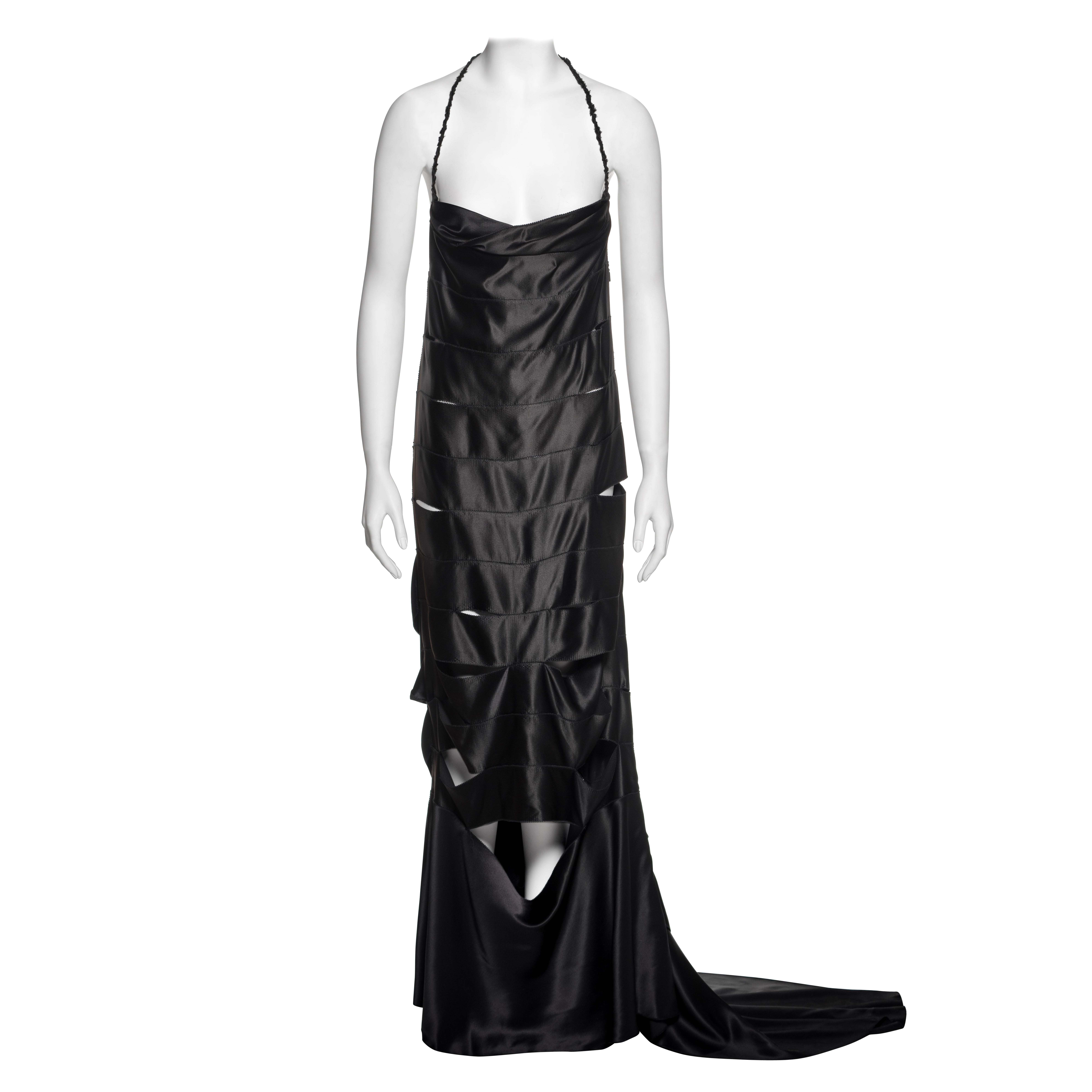 Gucci by Tom Ford Black Silk Ribbon Cut-Out Evening Dress with Train, FW 2002 For Sale
